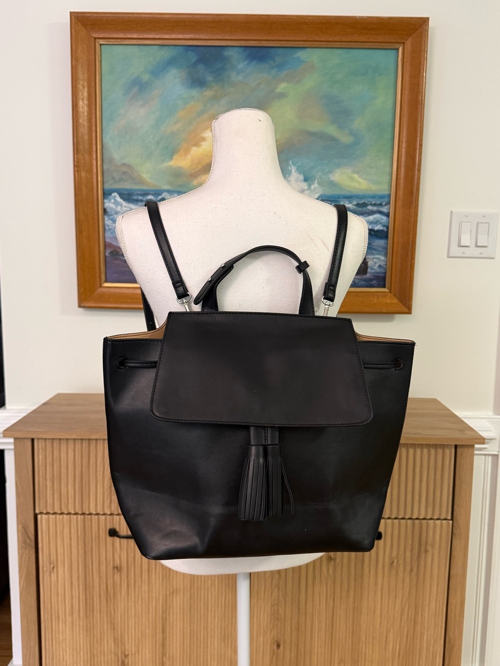 Faux Black Leather Backpack / Purse